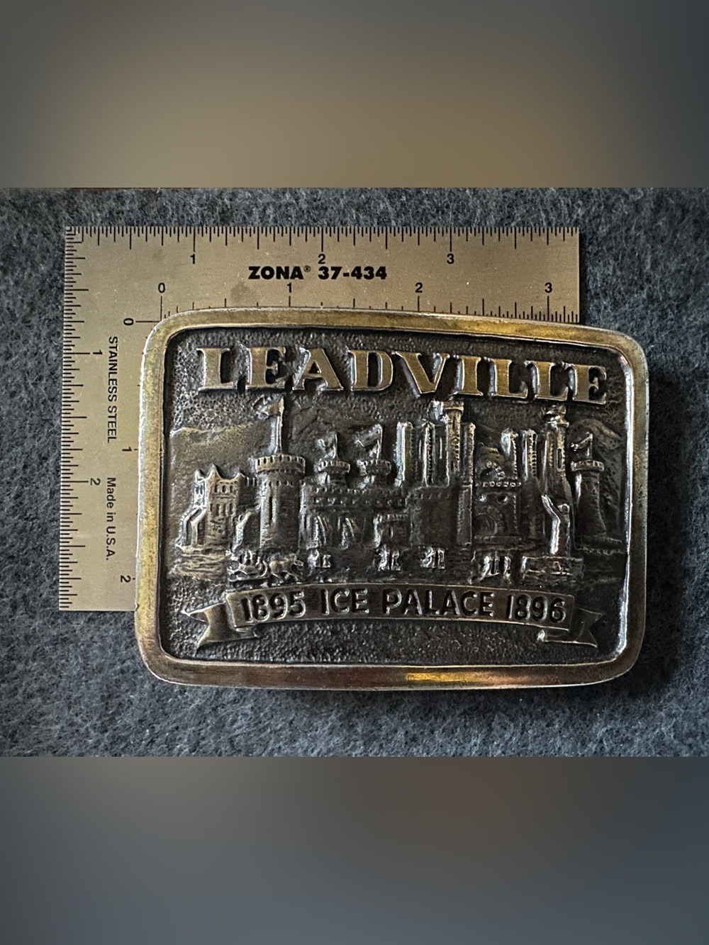 VINTAGE Leadville 1895 Ice Palace Vintage Belt Buckle - Brass Tone